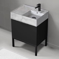 Modern Small Black Bathroom Vanity, 24 inch, Marble Style Sink, Free Standing